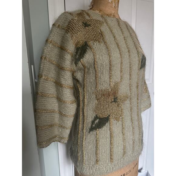Vintage Mohair Wool Sweater gold metallic striped floral sage Mint green glam - Picture 2 of 16